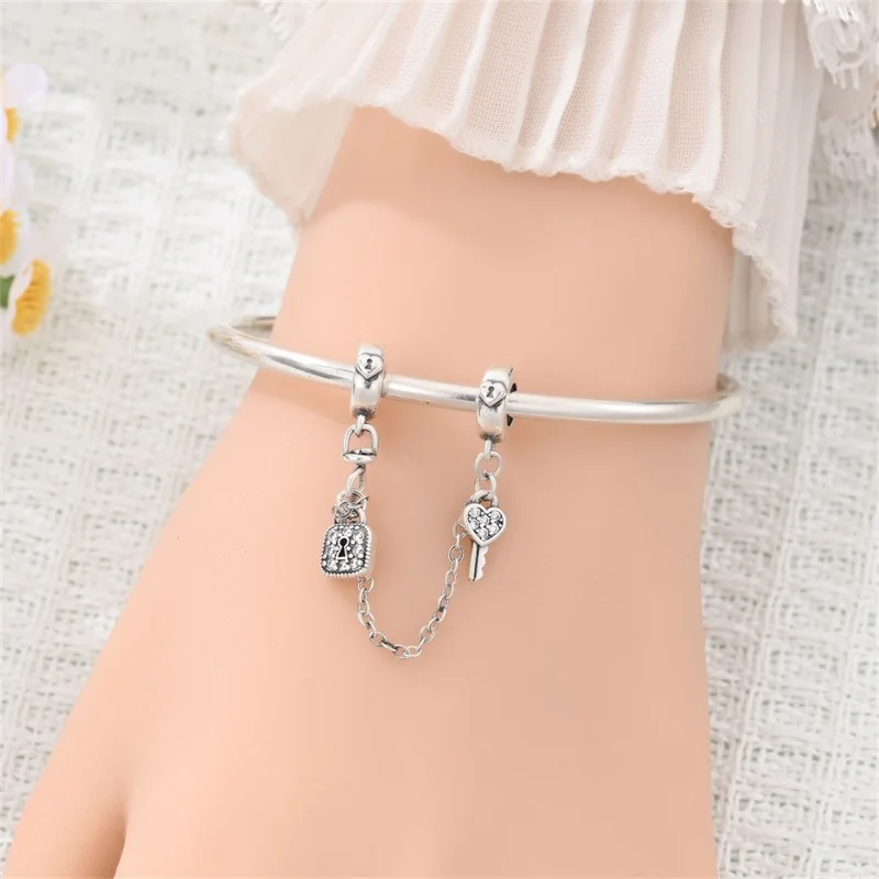

New 925 Sterling Silver Key Lock Safety Chain Charms Bead Fit 3mm Original Bracelet Women DIY Exquisite Birthday Jewelry Gifts