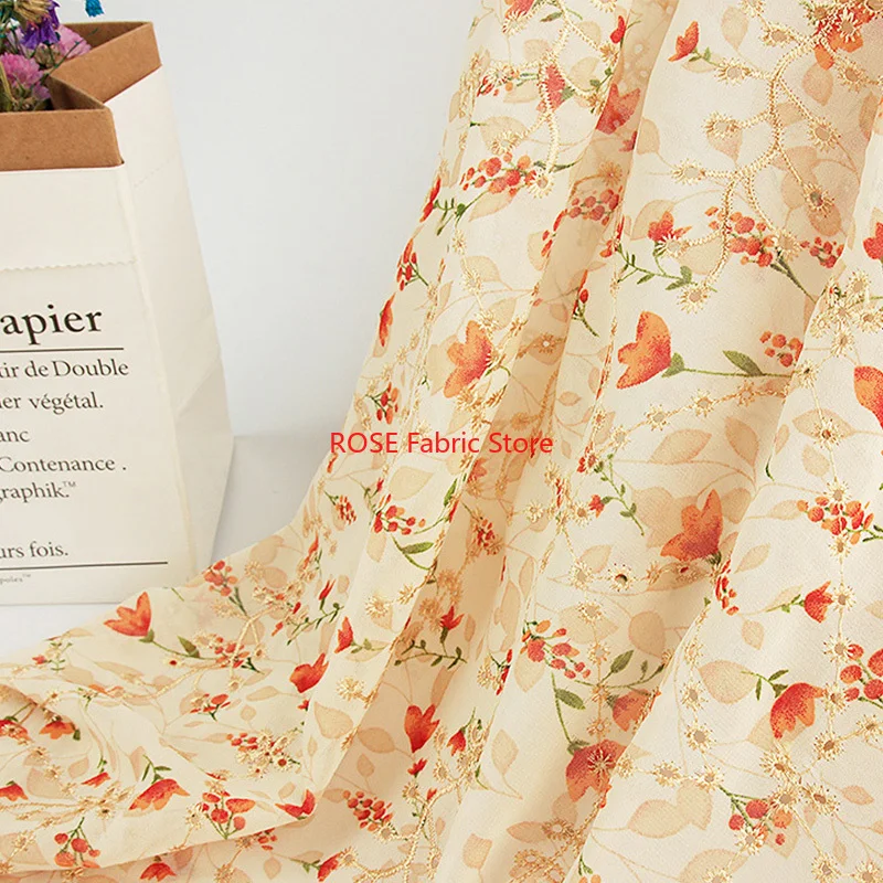 

Soft Embroidery gold thread Chiffon fabric, eyelets print floral Fabric, for Blouse, Spring Dress, Vacation Party dress, Dance
