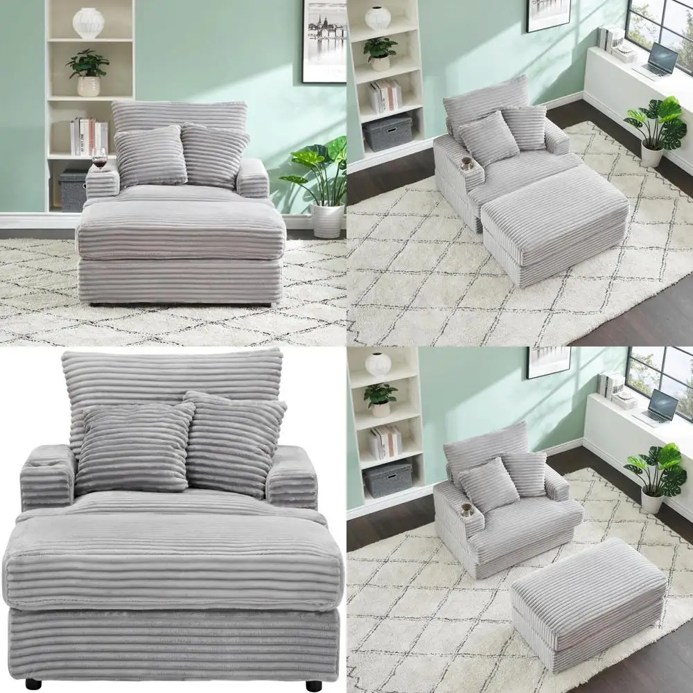 

Extra Large Chaise Lounge Chair, 39 Corduroy Fabric Sofa Bed with Cup Holders, Upholstered Reclining Armchair Couch for Indoor U
