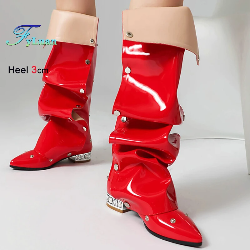 

New Winter Red Pleated Rivets Rhinestone Women Knee High Boots Pointed Thick Low Heels 3cm Back Zipper Snap-fastener Pearl Boots