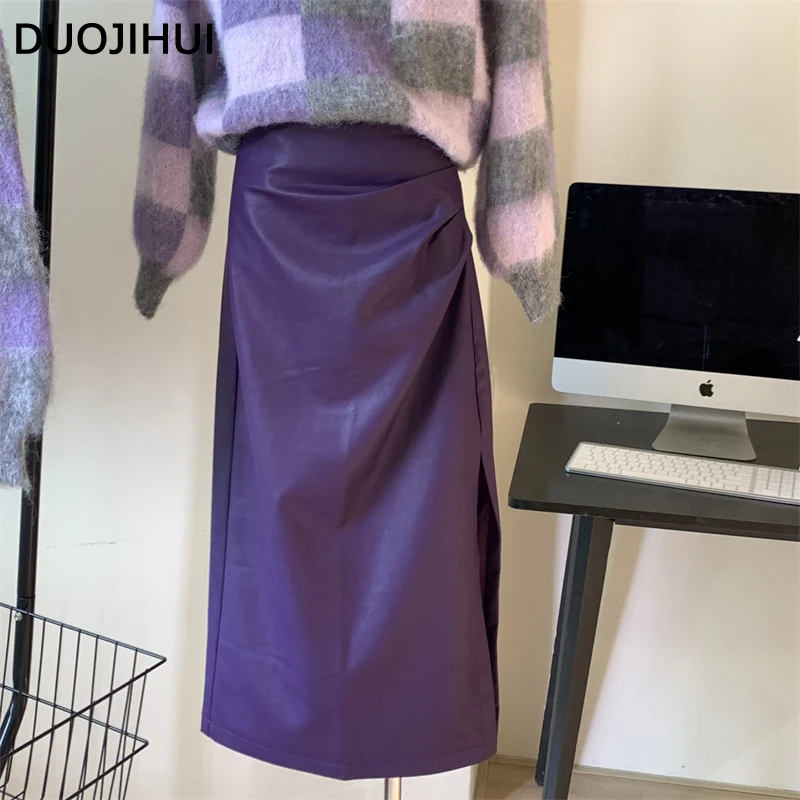 DUOJIHUI Two Piece Winter Loose Simple Casual Female Pullovers New Pure Color Chic PU Skirt Basic O-neck Fashion Women Pullovers