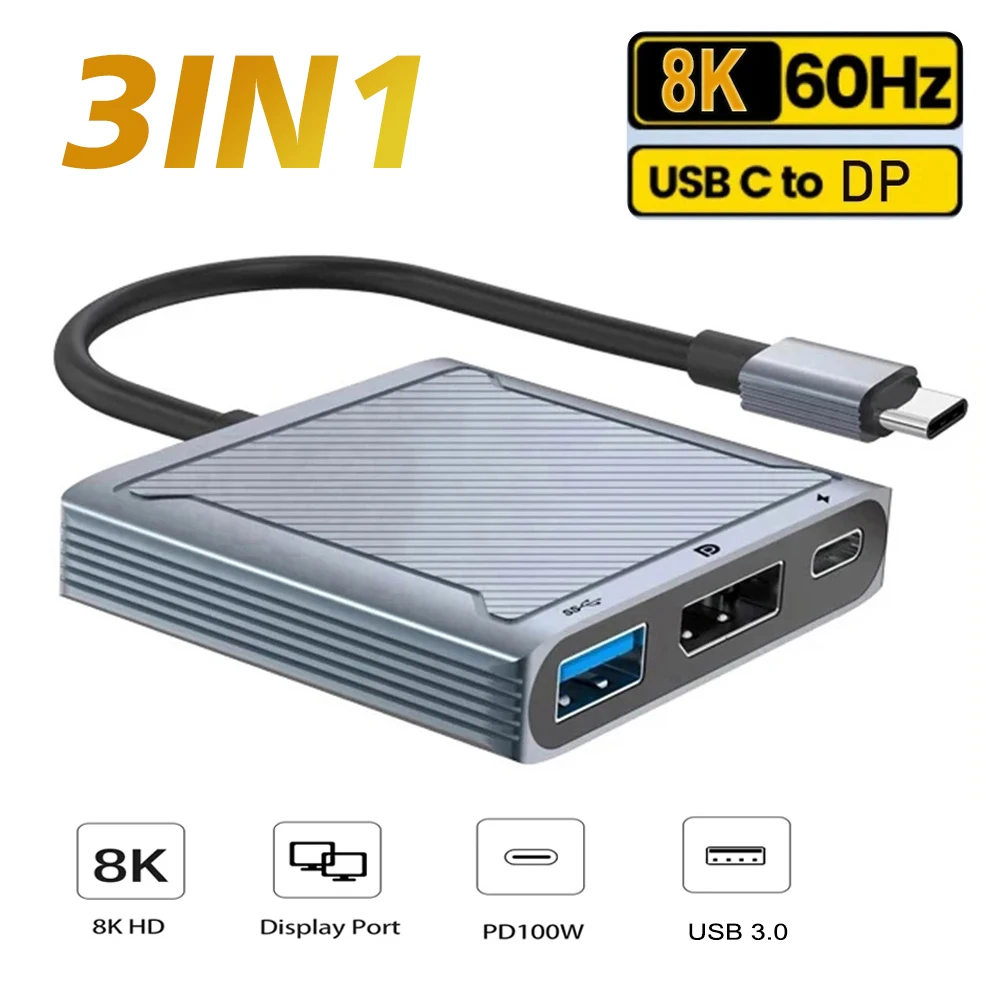 

3 in 1 USB C to DisplayPort 1.4 Dock Adapter 8K Type C to DisplayPort 1.4 Cable Docking Station with PD Charging USB 3.0 Port