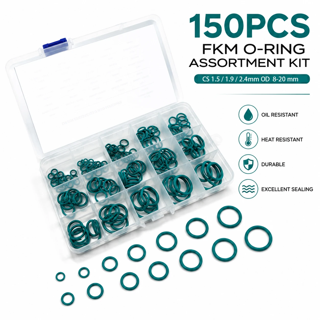 150 Pieces of FKM Green O-ring Set OD 8mm-20mm CS 1.5/1.9/2.4mm Engineering Machinery Hydraulic System Seal Maintenance Set