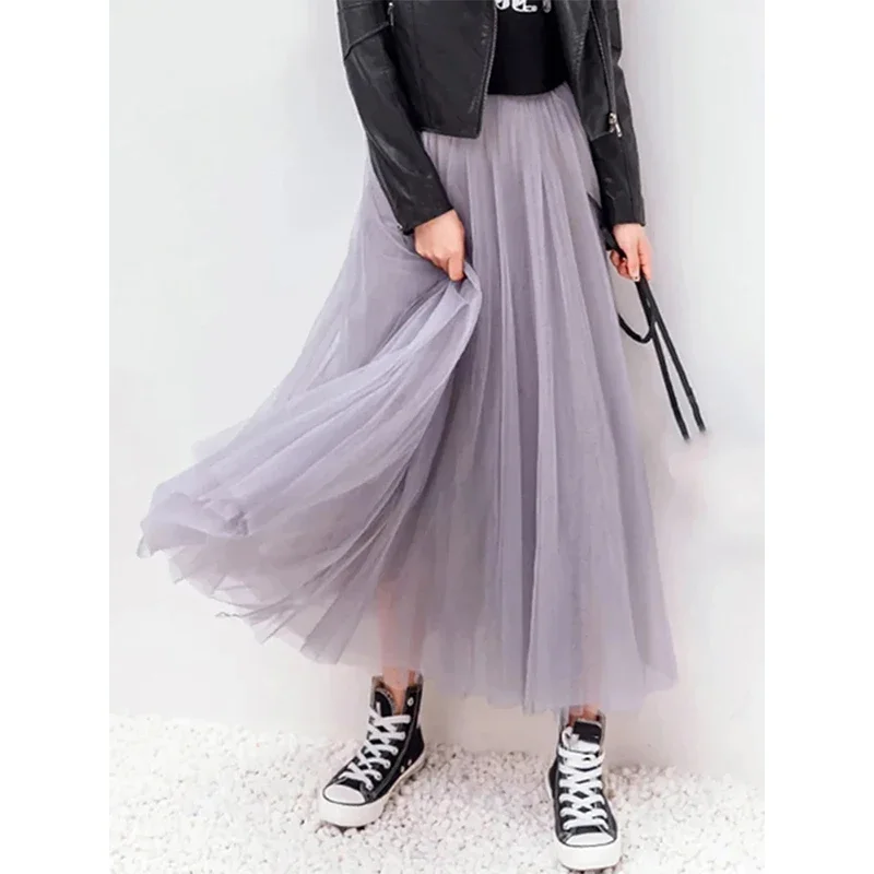 Vintage Tulle Skirt Women Streetwear Elastic High Waist Mesh Pleated Skirts Summer Elegant Korean A Line Office Ladies Skirt