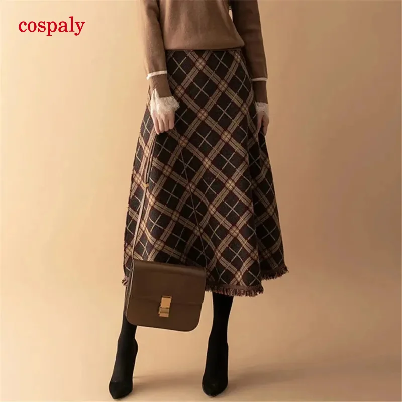 A Winter Knitted Tassel A-Line Long Skirts Women Printing Plaid Skirt Female Autumn High Waist Warm Skirt Elegant Office Lady Sa