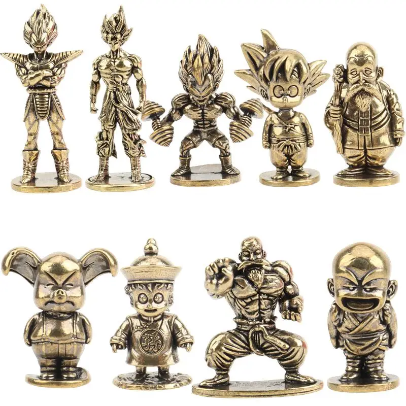 9Pcs Dragon Ball Mini Brass Figures Goku Vegeta Roshi Krillin Oolong Chiaotzu Nappa Anime Collection Model Car Decor Toy Gift