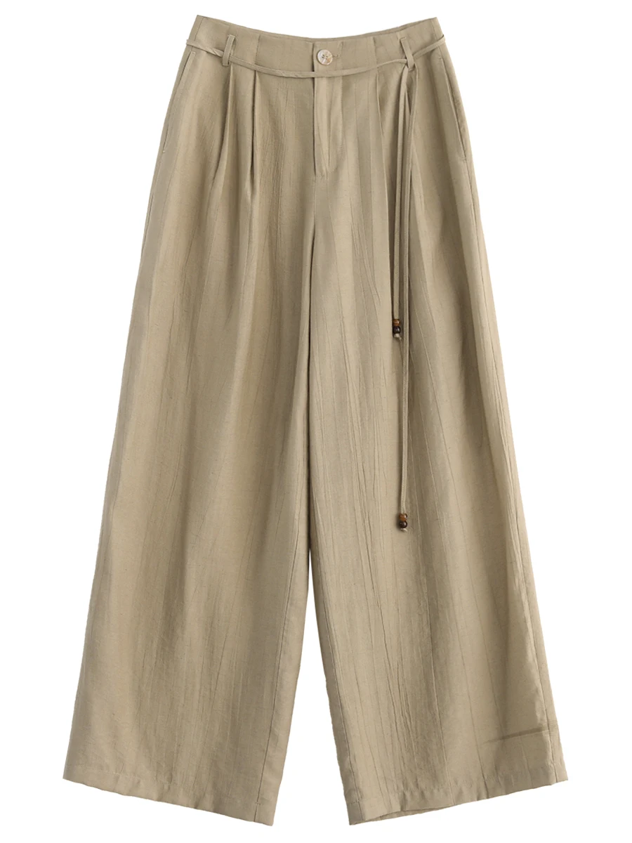 CHIC VEN Women Pants Fashion Loose Wide Leg Lace Up Pleated Casual Linen Trousers Female Clothing Spring Autumn New 2025