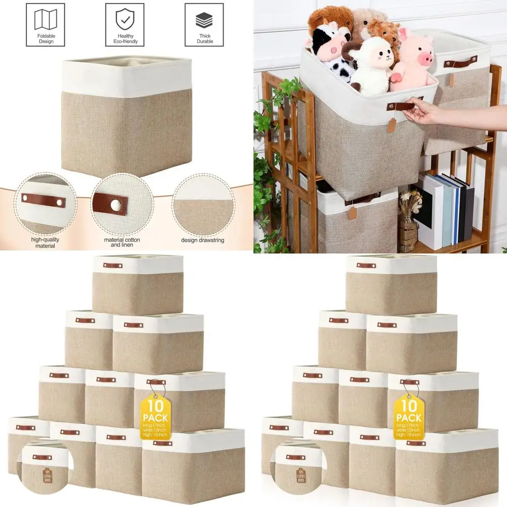 

Collapsible Fabric Storage Bins with Handles, Foldable Organizer Baskets for Home, Closet, Nursery, Toys - 17x15x12 Inches, Beig