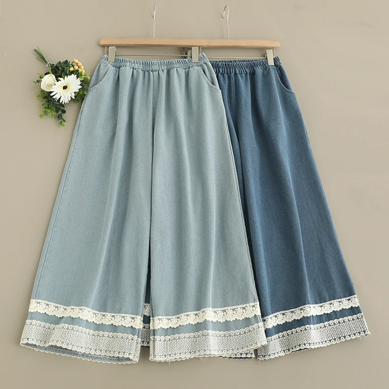

Spring New Mori Girl Vintage Lace Patchwork Denim Wide Leg Pants Women Retro Elastic Waist Casual Loose Jeans Pants