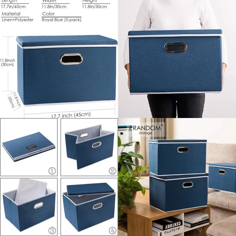 

5-Piece Collapsible Fabric Storage Bins with Lids for Home, Bedroom, Closet, and Office - Royal Blue (17.7x11.8x11.8)