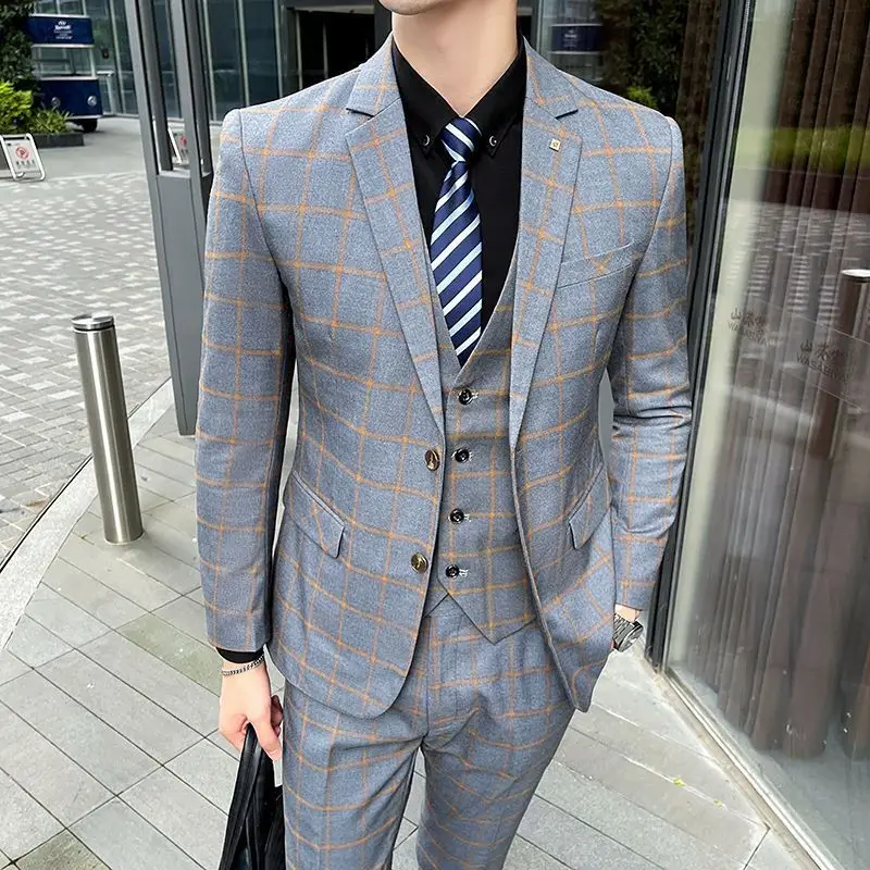

Повседневный приталенный костюм в клетку для жениха и шаферов, мужской модный городской стиль, смесовый полиэстер, подходит для весны, лета, осени, зимы