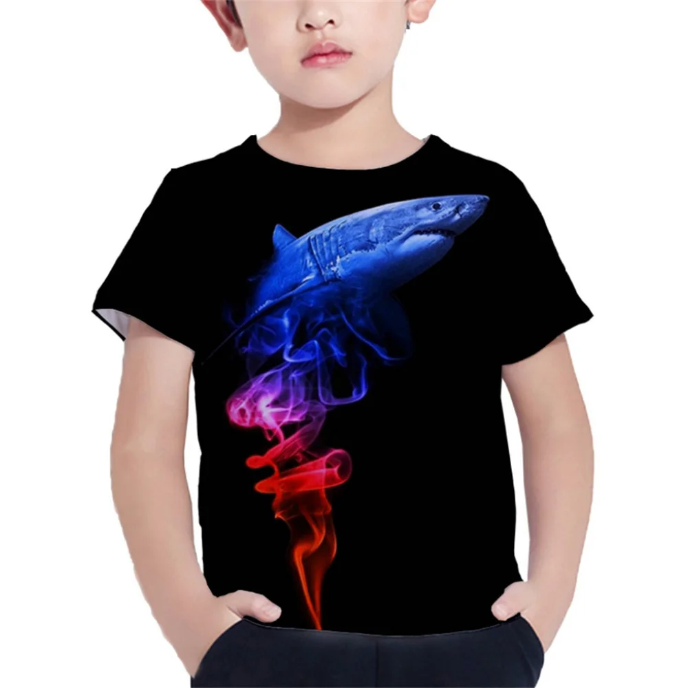 Boys T-shirt Children's summer fashion casual 3D graphic print T-shirt Boys animal shark colourful pattern sportswear T-shirt