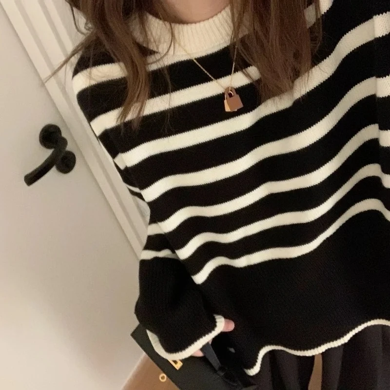 

Women Korean Striped Loose Warm Sweater O-Neck Long Sleeve Knitted Pullovers Casual Sweater For Women 2023 Autumn Winter Top