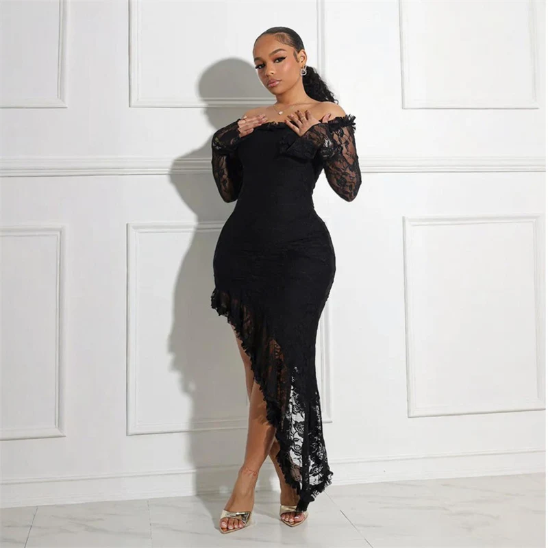 Sexy Off the Shoulder Long Sleeve Bodycon Maxi Dress Women Night Club Party Lace Hem Asymmetrical Prom Dress Vestidos Longos