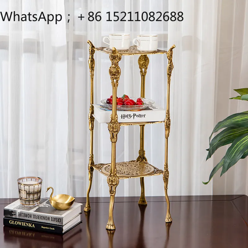 LLY retro carved shelf, living room side table three-layer hollow flower stand, light luxury brass storage side few