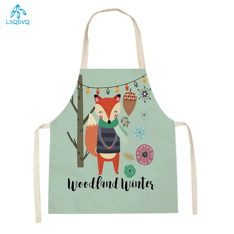 Women Men Animal Fox Printed Kitchen Aprons Dinner Party Linen Cooking Bib Funny Pinafore Baking Aprons Home Cleaning Tools