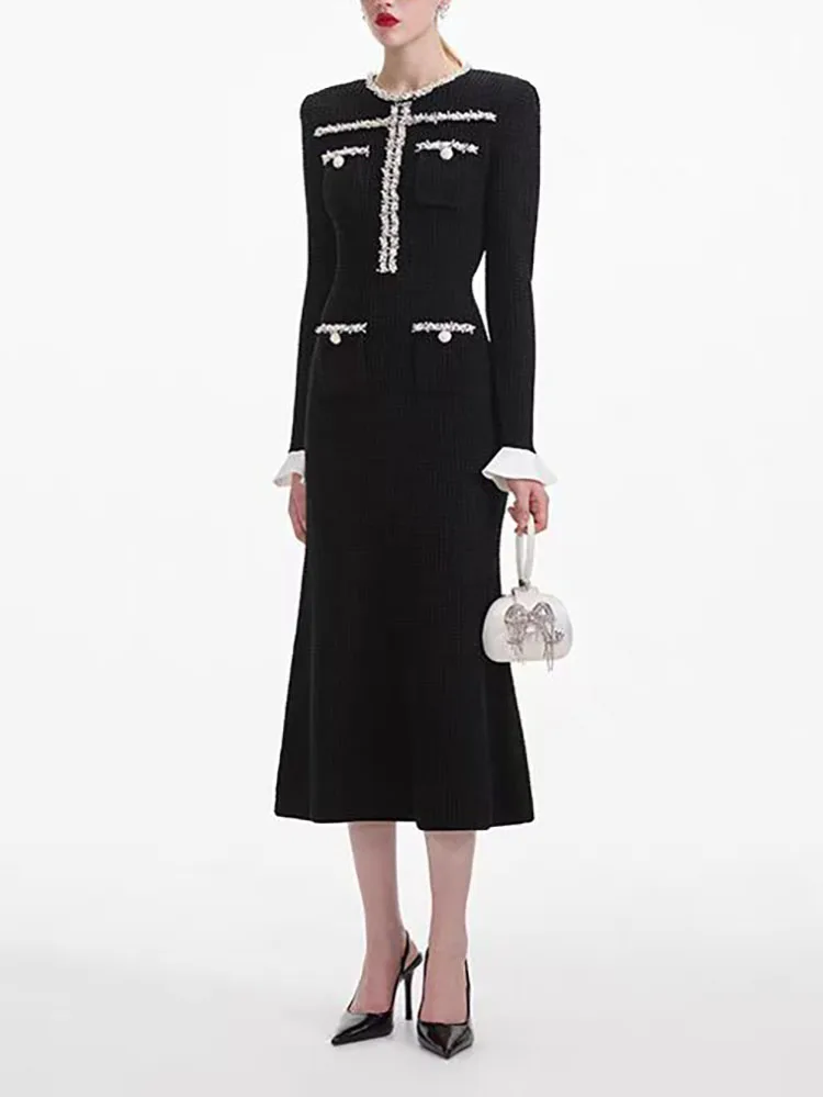 Woman clothing y2k fall and winter pearl knit fishtail dress woven V-neck Dresses2024 waist thin new long dresses Party dresses