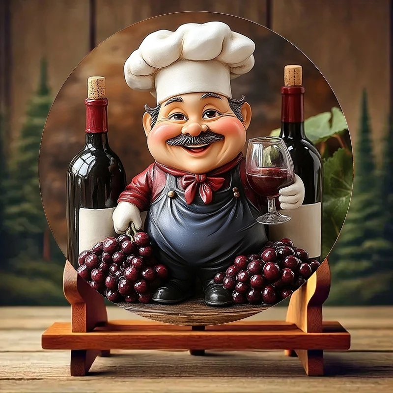 2D 8in Planar Fantasy Chef Wooden Round Plate Color-Printed Cartoon Chef Wine Design Kitchen Restaurant Chef Award Pendant Gifts