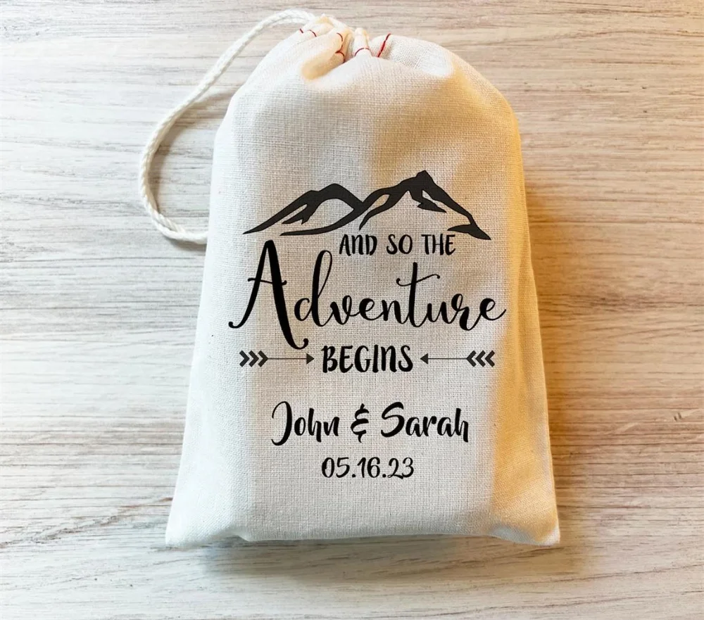 20PCS And So the Adventure Begins Wedding Party Favor Bag. Drawstring Cotton Personalized Custom Engagement Party Favor Bags