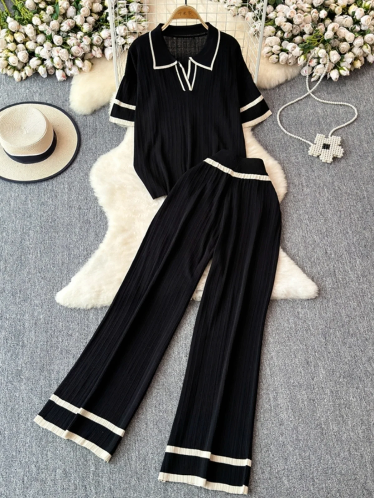 Summer Autumn Knitting Sweater Pants Suits Women Wide Leg Pants Two-piece Set