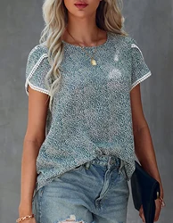 Women Summer Lace Patchwork Short Sleeve Polka Dot Printed O-Neck Elegant T-shirt Casual Fashion Pullover Female Tops