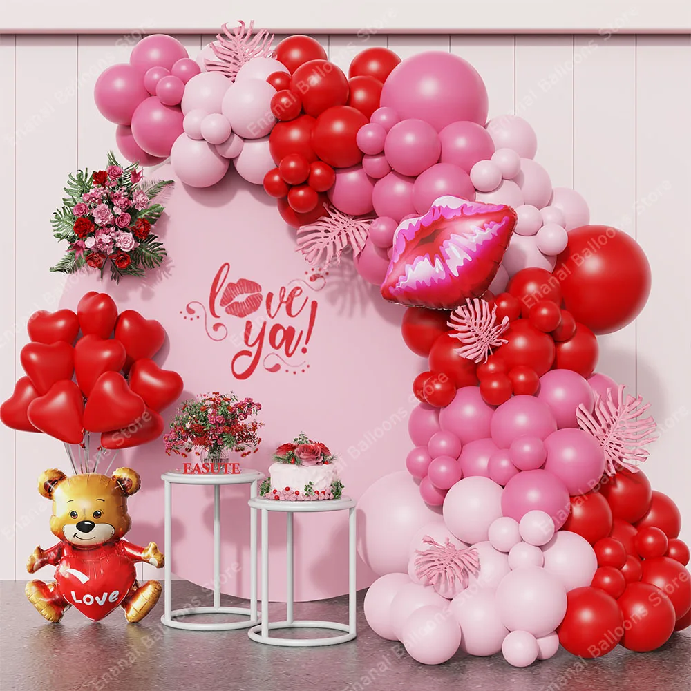 127pcs Pink Princess Balloon Garland Arch Large Lips Red Heart Bear Foil Ball Valentine's Day Wedding Girl Birthday Party Decor