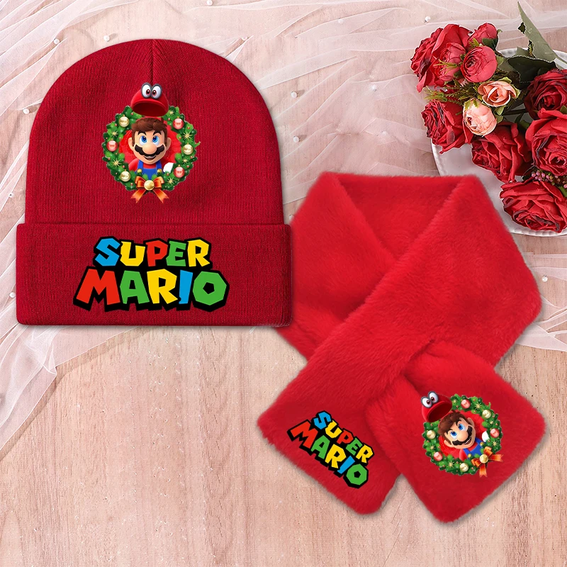 سوبر ماريو محبوك قبعة أفخم وشاح أزياء الأحمر عيد الميلاد شتاء دافئ النشاط في الهواء الطلق بيني لطيف بنين بنات هدايا حفلة عيد الميلاد