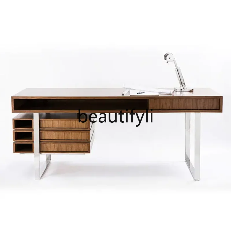 

Italian black walnut desk writing desk modern simple stainless steel solid wood desk