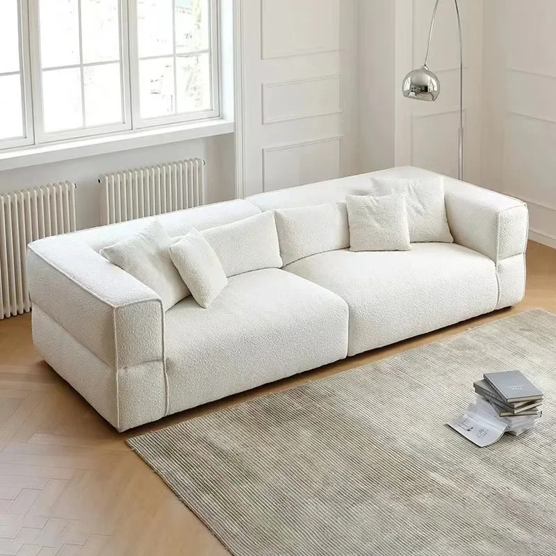 Wabi-sabi lamb wool three-person sofa, large apartment living room cream wound straight row white fabric 2 in a group