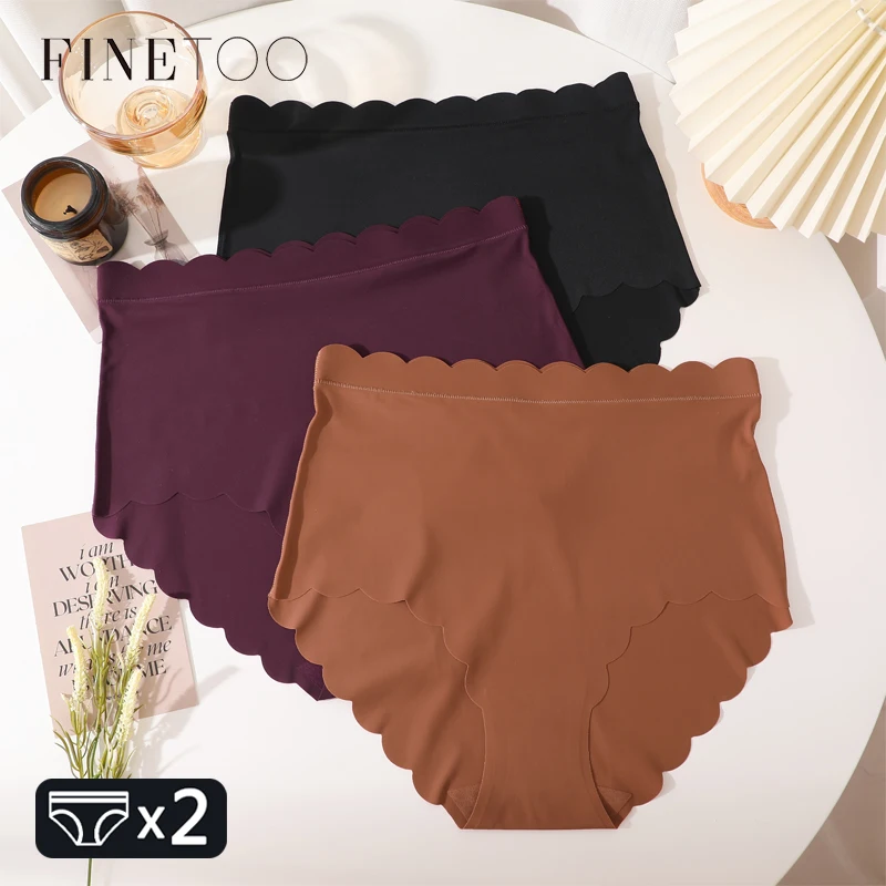 FINETOO 2Pcs Seamless Ruffles Waist Underwear for Women Female High Rise Stretch Panties Comfortable Soild Invisible Lingerie