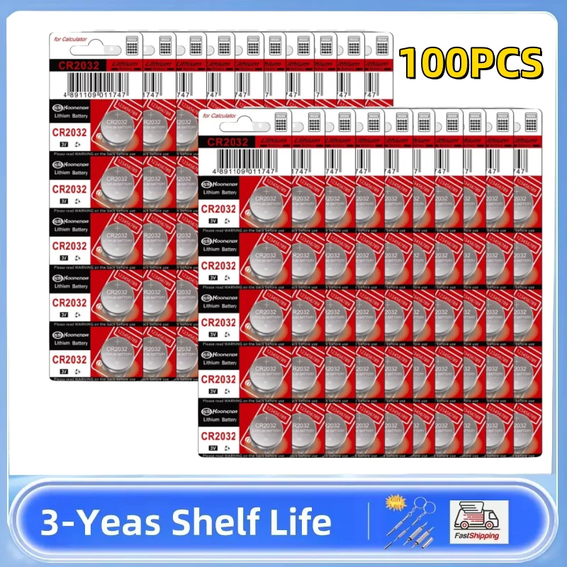

100PCS CR2032 Boutton Cell Battery 3V Lithium Batteries CR 2032 for Watch Keys Calculator Controller Timer Led Lights