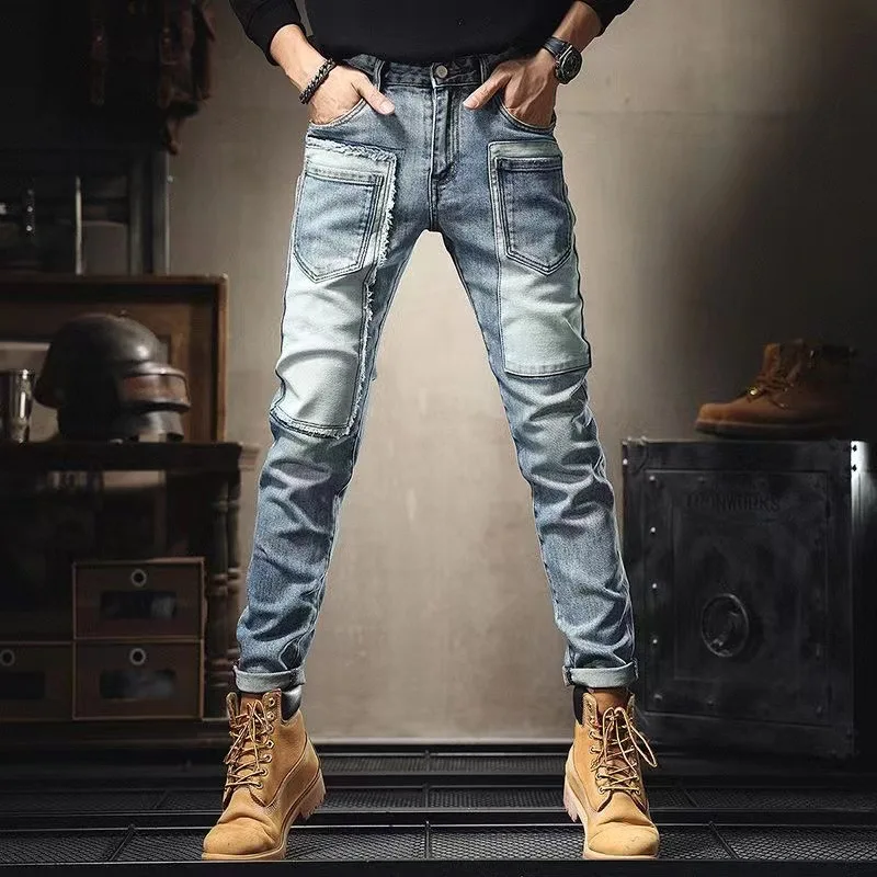 Men's Skinny Jeans, Youth Vitality, Male Streetwear, Denim Pencil Pants, Button Fly, Slim, Patch, Multi Pocket, Spring, Autumn