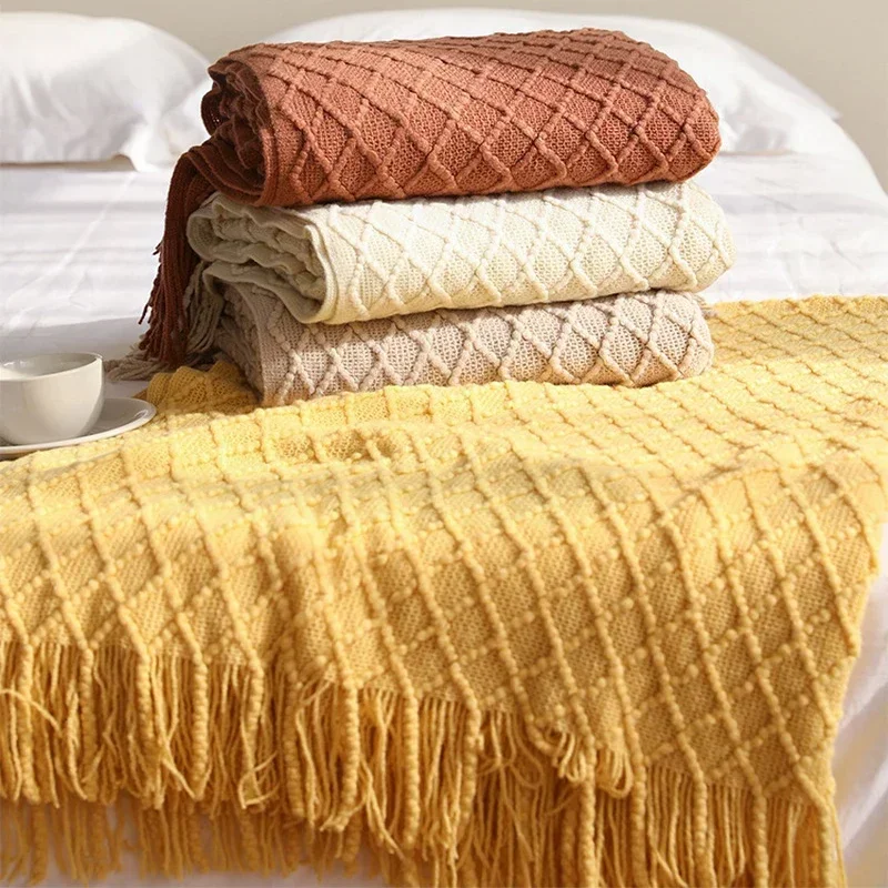 

Nordic Faux Cashmere Sofa Blanket Office Nap Comfortable Bedspread Soft Homestay Decoration Blanket Thick Winter Knitted Shawl