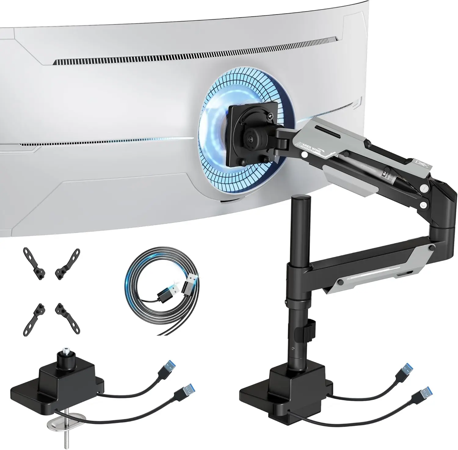 

Single Monitor Arm with USB, Adjustable Gas Spring Stand for 24-57'' Ultrawide Curved Screens up to 66LBS, VESA Mount Compatible