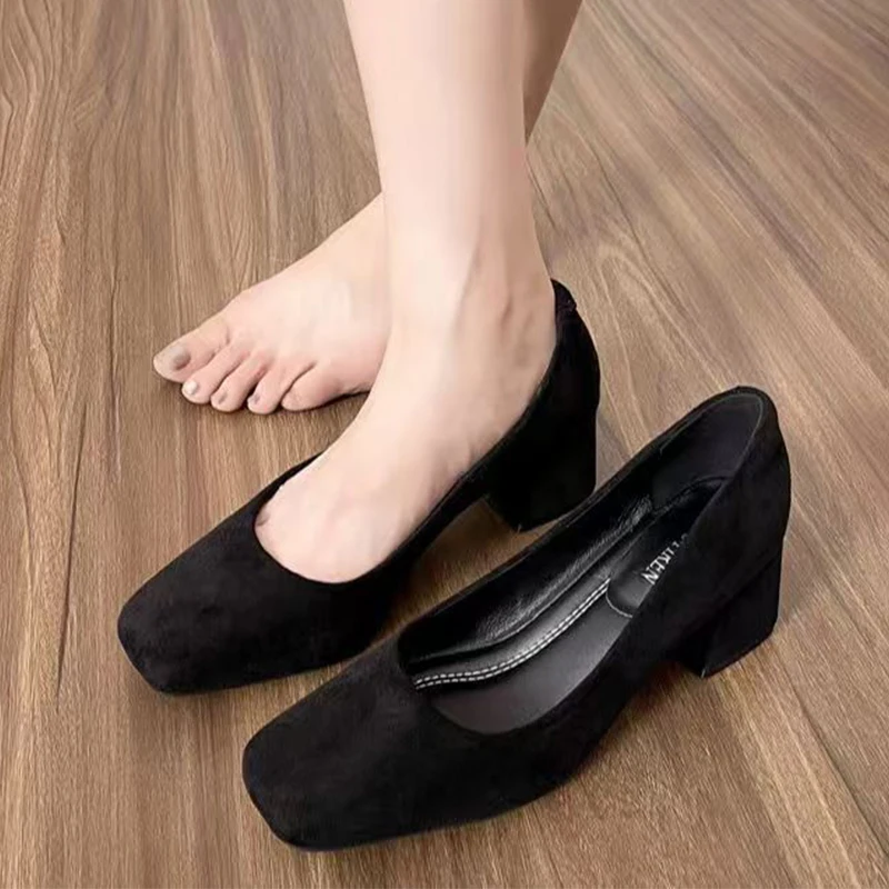 

Женские туфли на высоком каблуке, элегантные офисные кожаные туфли, весенняя мода 2026, массивные модельные туфли, замшевые туфли-лодочки на мелком каблуке Mujer De Zapatos