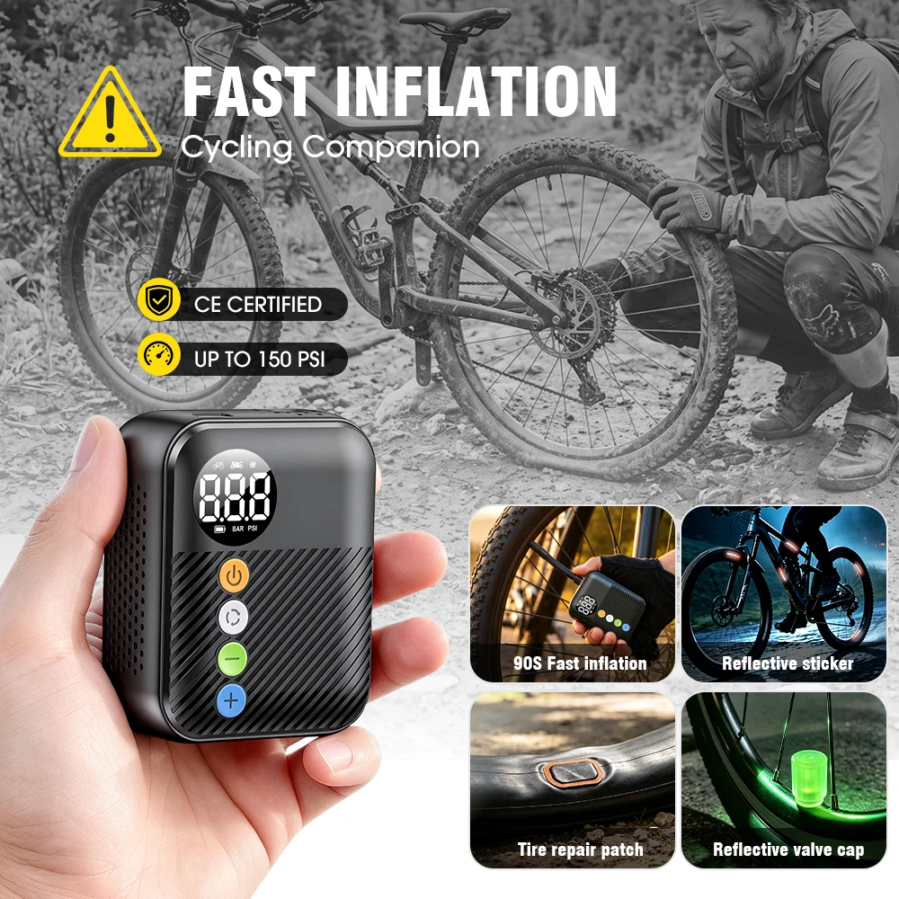 CARSUN Rechargeable Bike Pump Cordless Tire Inflator 150PSI Type-C LCD Gauge Auto Shut-off Schrader Presta Puncture Repair CE