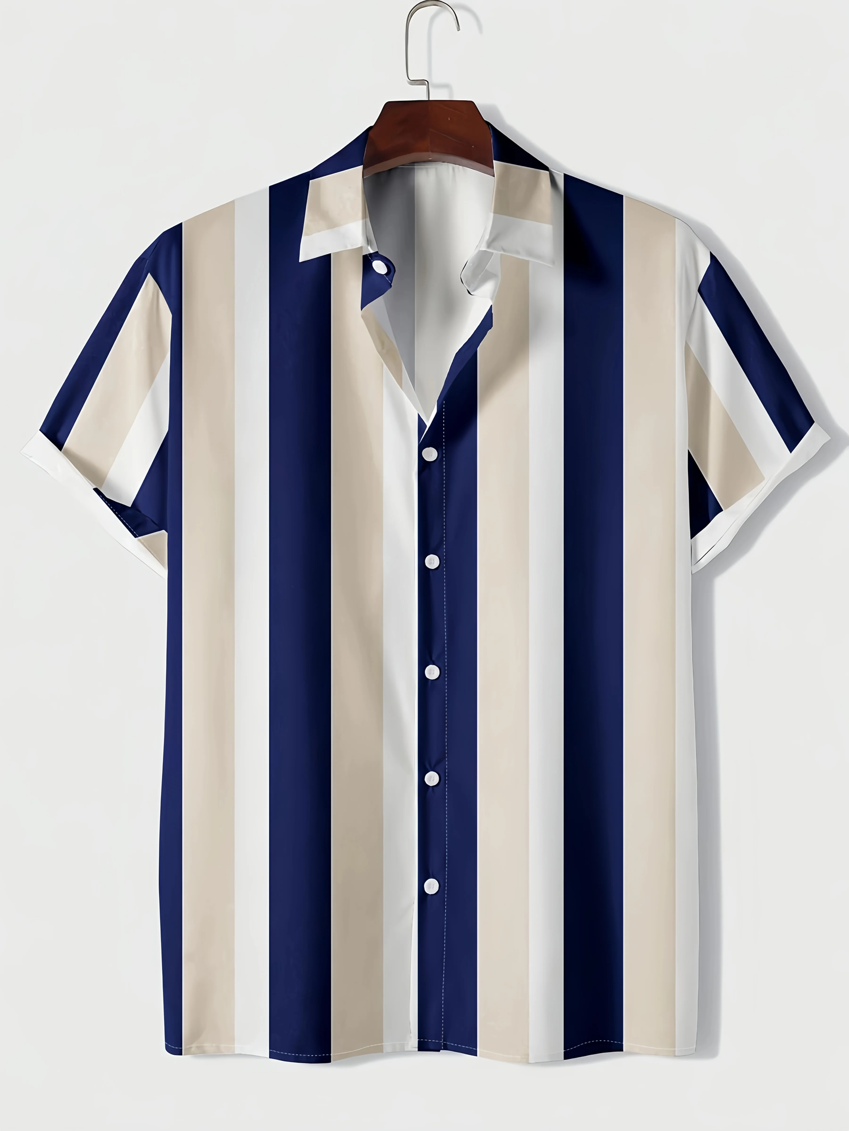 Men Short Sleeve Shirt Vertical Stripe Print Turn‑Down Collar Button‑Up Summer Beach Casual Top