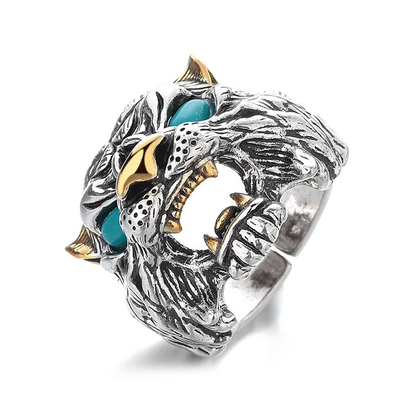 

Domineering Tiger Ring For Men Jewelry Retro Jade Blue Eye Animal Design Male Finger Ring Open Size