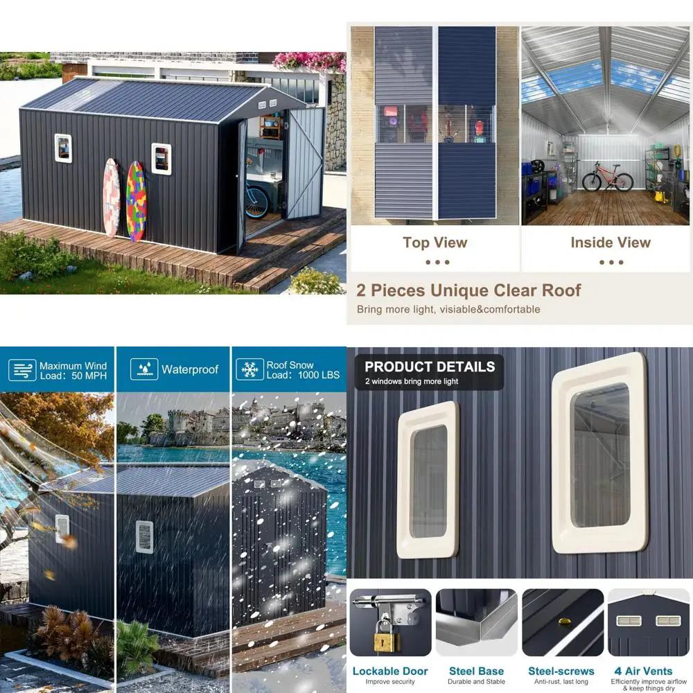 

Большой уличный металлический навес для хранения вещей 10x10 футов с прозрачными окнами на крыше, вентиляционным отверстием и дверью для сада, патио, лужайки и заднего двора.