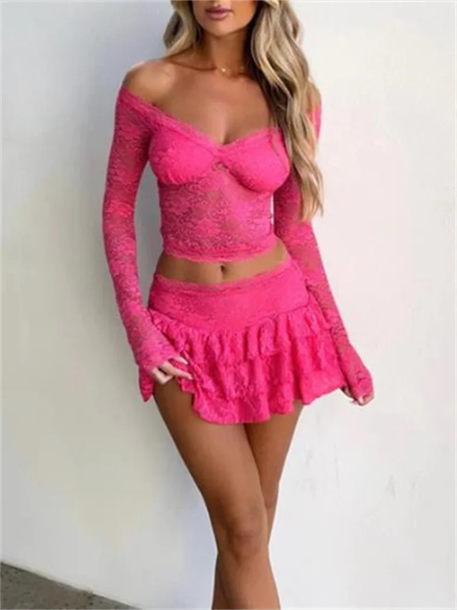 Pink Sexy 2 Piece Set See Through Lace Skirt Woman Low Cut Shoulderless Long Sleeve Crop Top Club Ruffles Mini Short Skirt Set