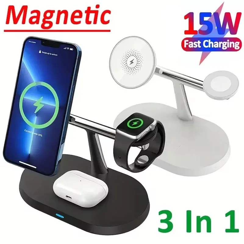 Magnetyczna bezprzewodowa stacja ładująca 3 w 1 do MacSafe iPhone 17/16/15/14 Pro Max, Apple Watch 1-9, AirPods, szybka stacja ładująca — 2