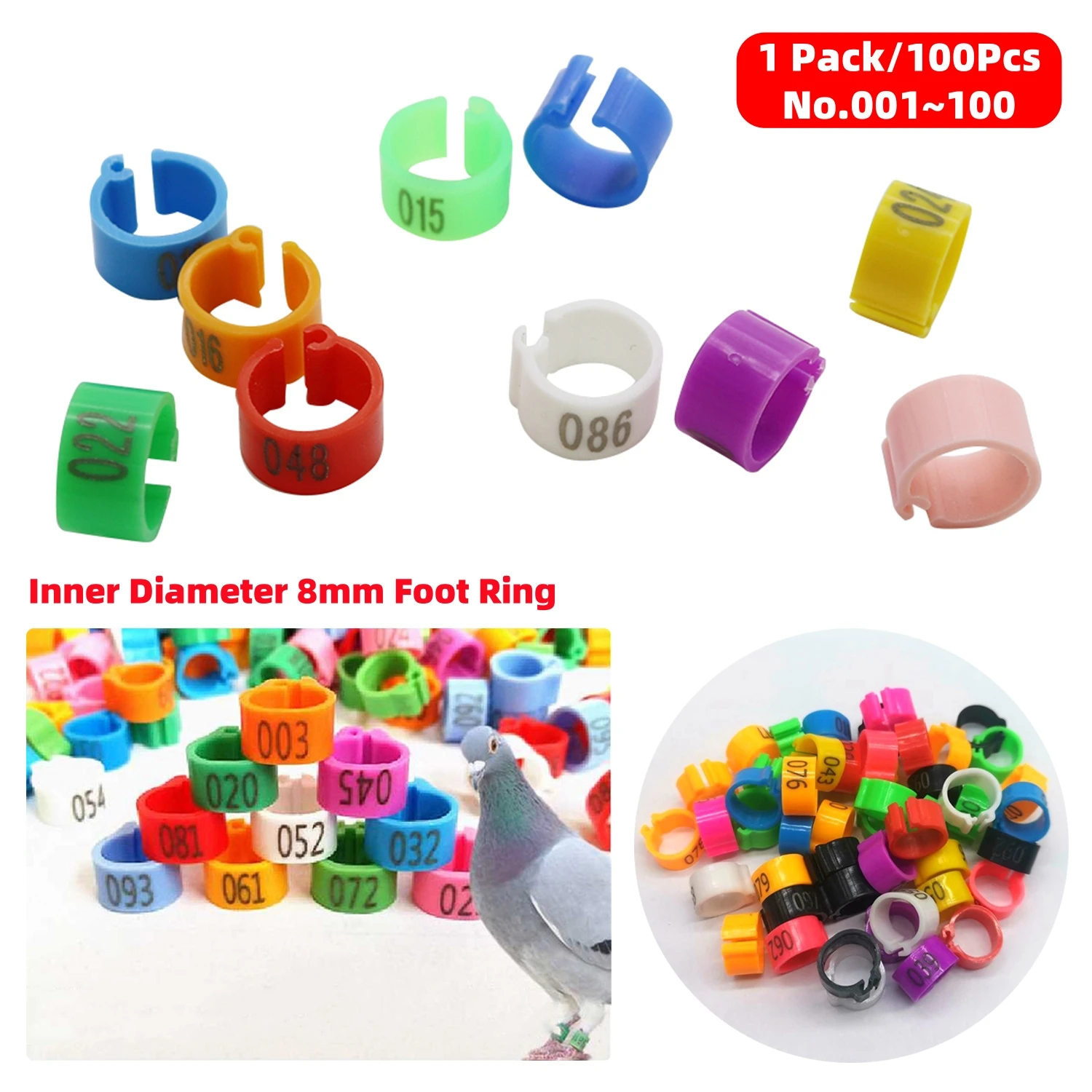 1 paquete/100 Uds. Anillos digitales para pies de pájaro diámetro interior 8mm hebilla automática marca de identificación de codorniz Paloma 10 colores No.001 ~ 100