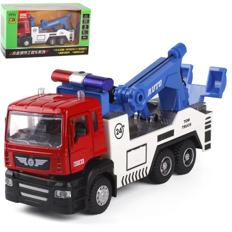 1/50 Scale Road Rescue Trailer Alloy Toy Model Trucks Metal Diecast Truck With Sound And Light Collection Toys For Children Gift