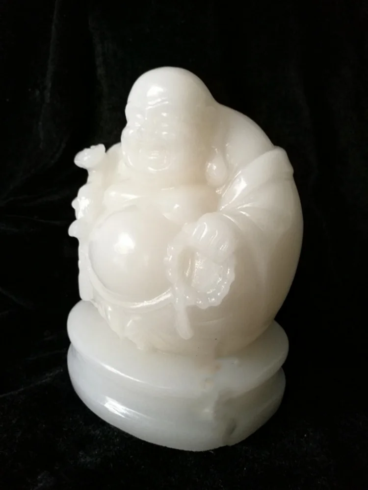 Natural White Jade Carved Maitreya Buddha Statue - Laughing Buddha Tabletop Ornament, Home Decor Craft