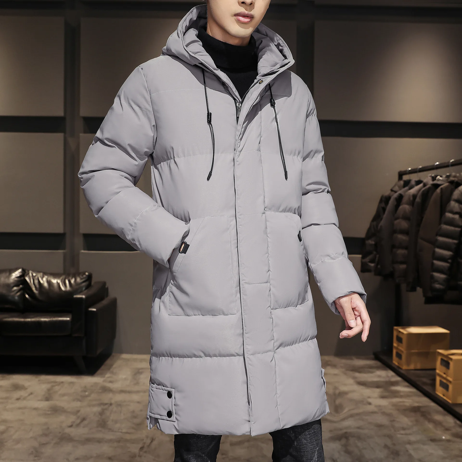 Winter New Fashion Men's Loose Simple Basic Casual Trendy Solid Color Long Sleeve Hooded Quilted Coats Male Parkas Clothes Tops