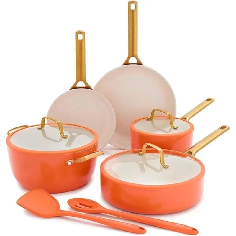 10 Piece Orange Nonstick Enamel Ceramic Cookware Set Unique  Heavy Duty Camping Cooking Set with Lids