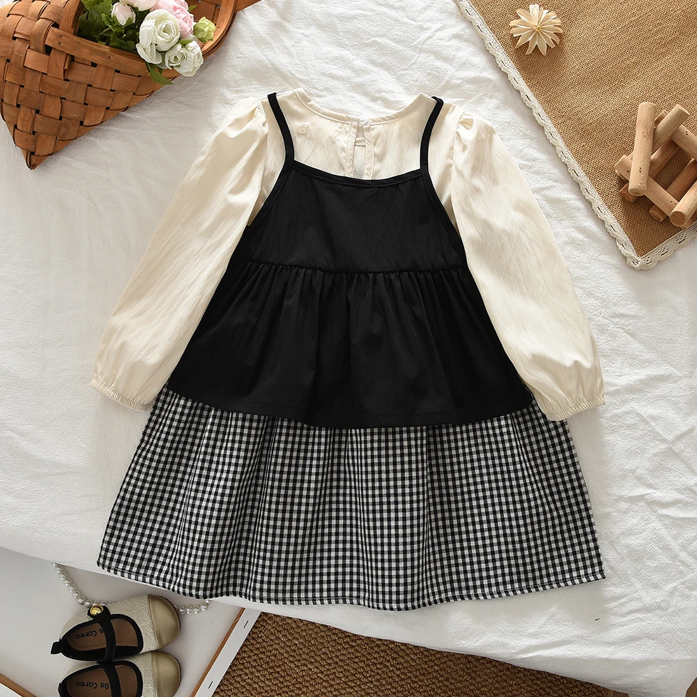Koreanische Version Frühling und Herbst 1-5 Jahre Alte Schwestern Set Langarm Kariertes Kleid+Trägerweste Zweiteiliger Baby-Overall – Detail 13