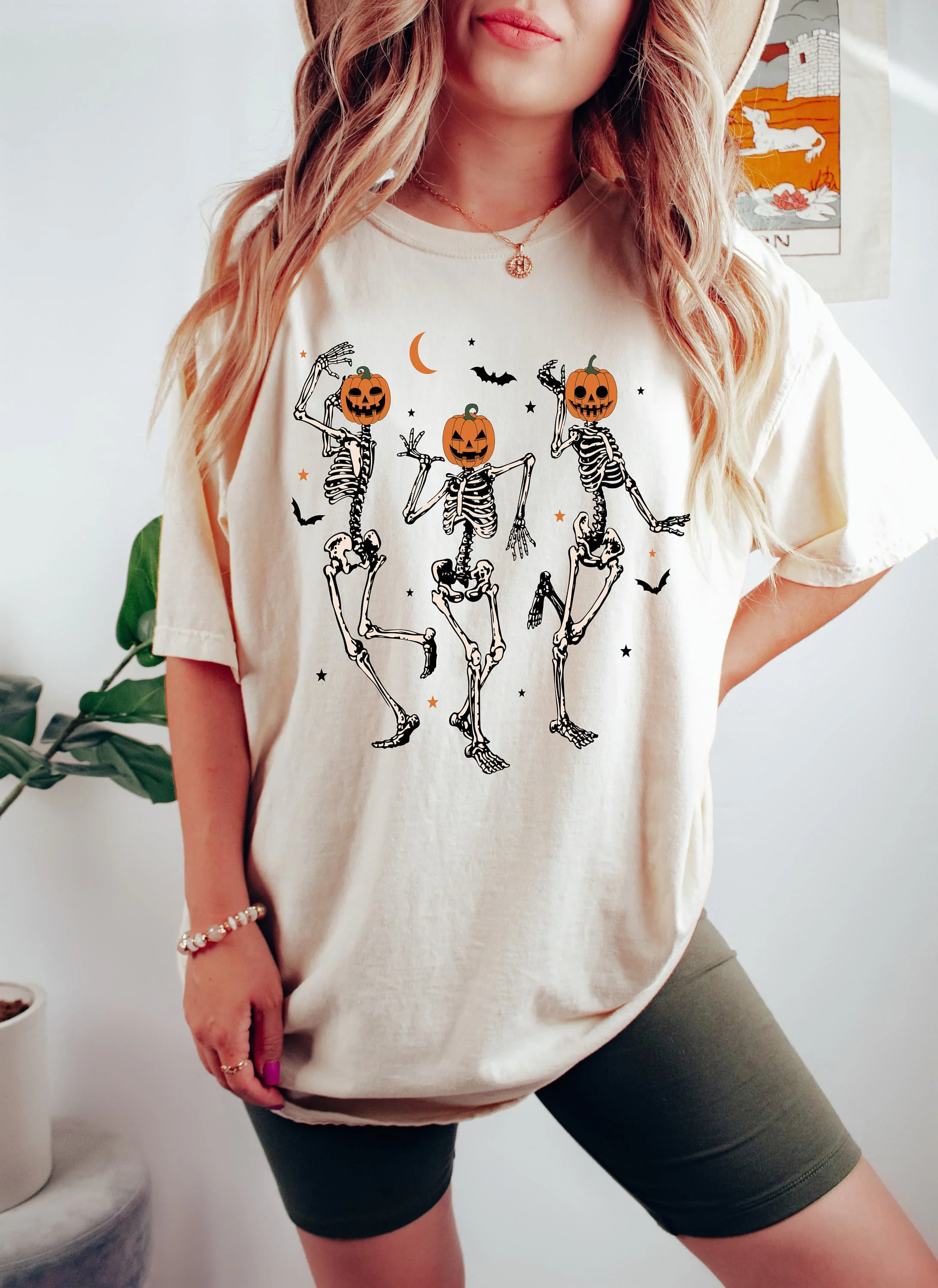 Comfortkleuren ®   Dansend skelet pompoen shirt retro Halloween shirt Womens Halloween shirt schattig herfst shirt griezelig seizoen