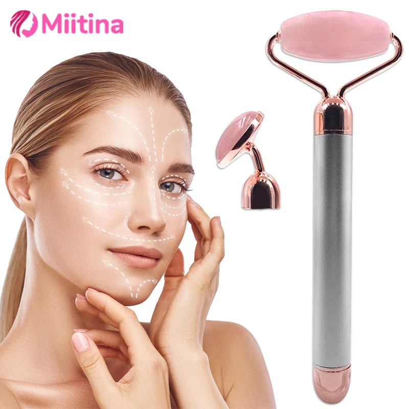 

2 in 1 Electric Vibrating Natural Rose Quartz Jade Roller Face Lifting Crystal Jade Stone Facial Roller Beauty Massage New Tools