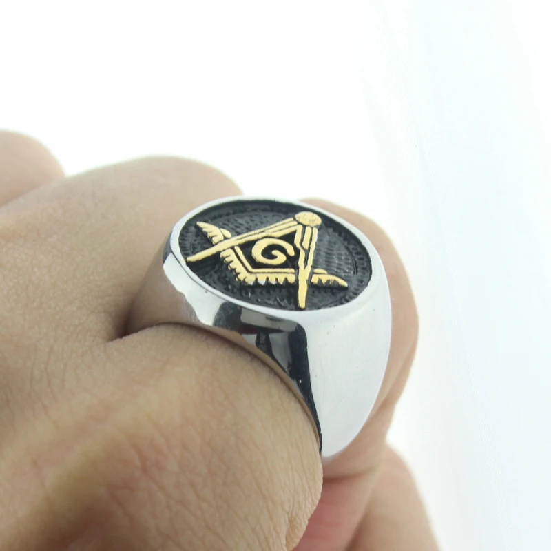 Mens Black Gold Color Embossed Stamped Freemason Masonic Stainless Steel Biker Ring